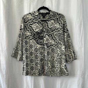 Citron Black & Off White Ornate & Lace Pattern 3/4 Sleeve Blouse Sz M